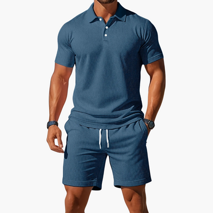Men's Short-Sleeve Polo Shirt and Shorts with Drawstring | Two-Piece Set