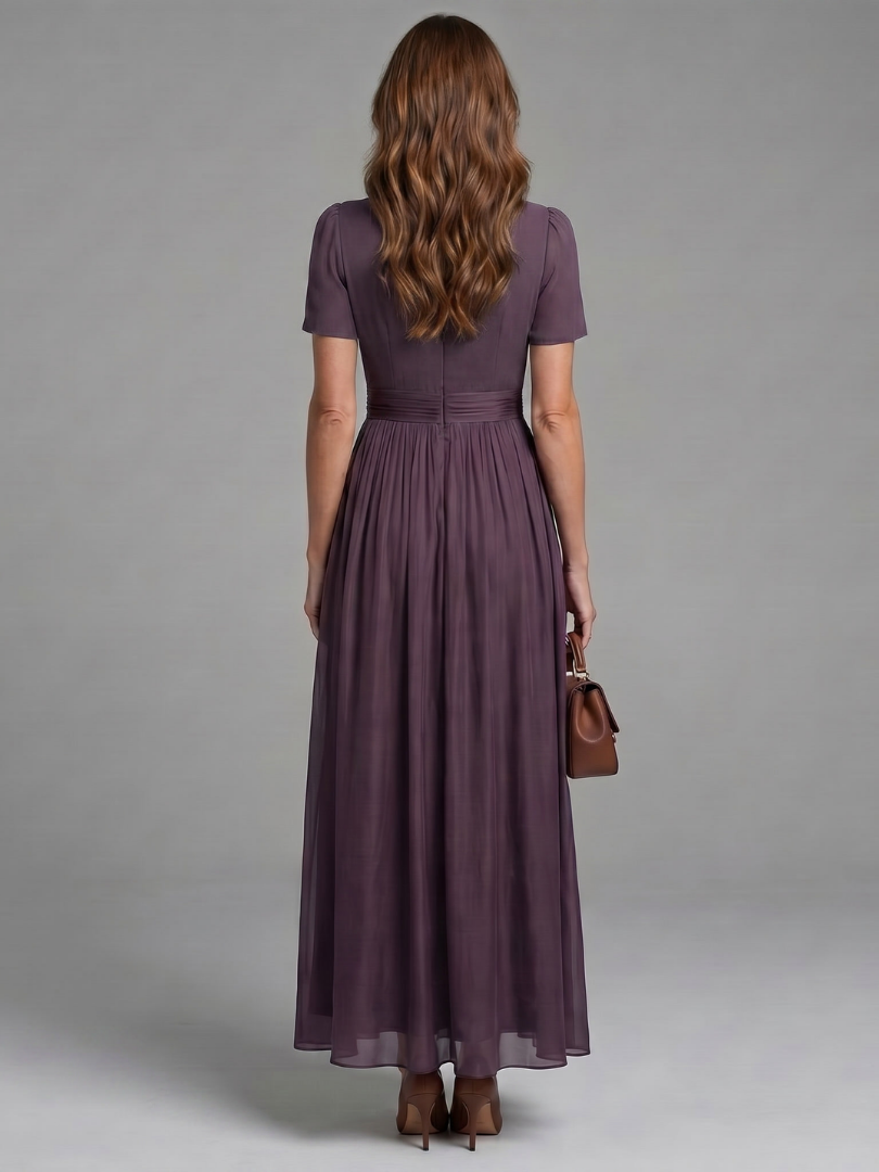 Women's Pleated Maxi Gown | with Puff Sleeves