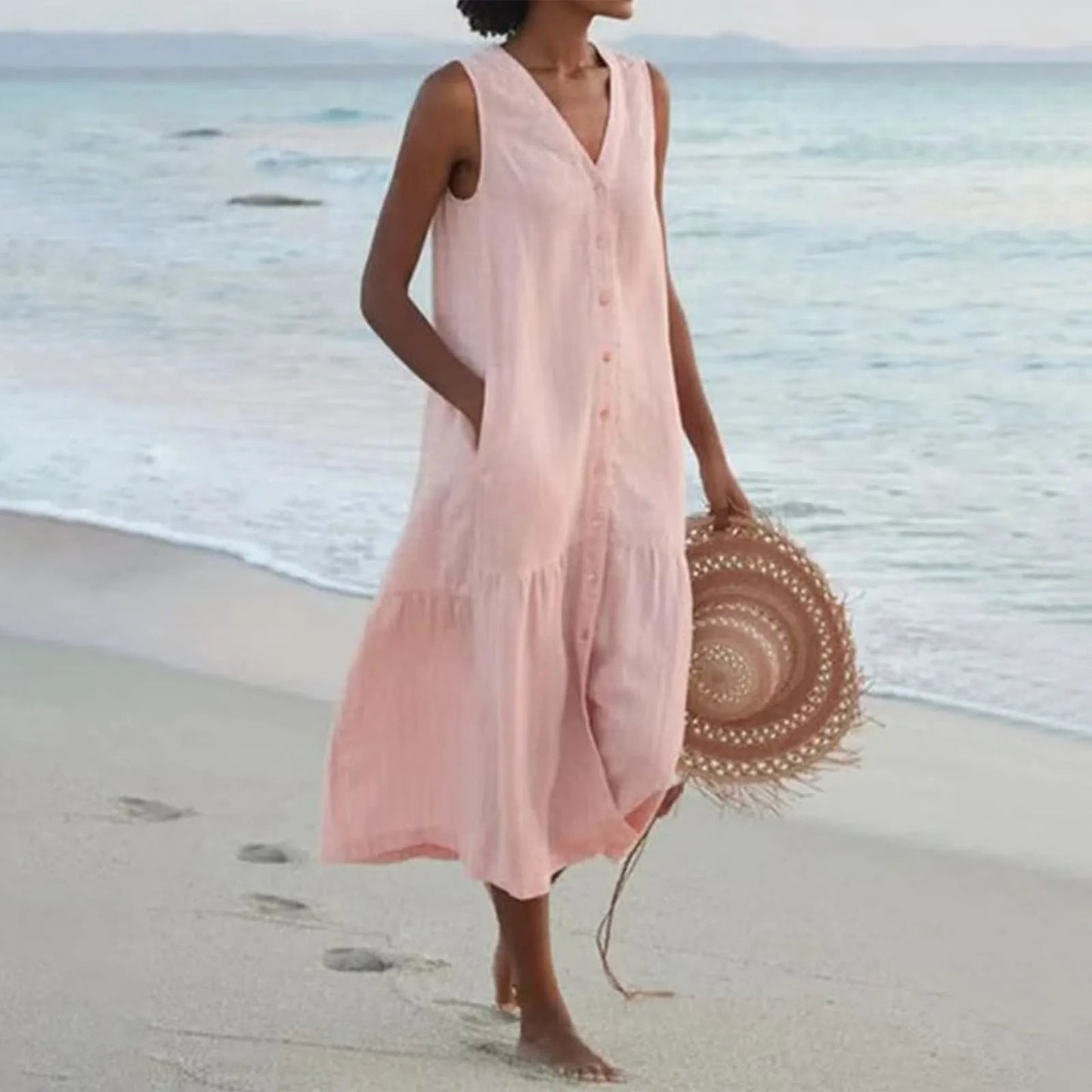 Women's Sleeveless V-Neck Beach Dress | Midi