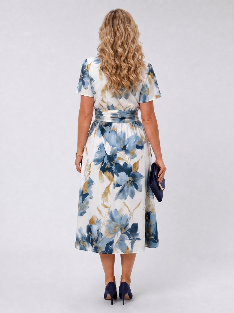 Women's Floral V-Neck A-Line Midi Dress | with Short Sleeves