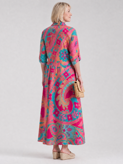 Women's Colorful Floral Print Collared Midi Dress | with Pockets