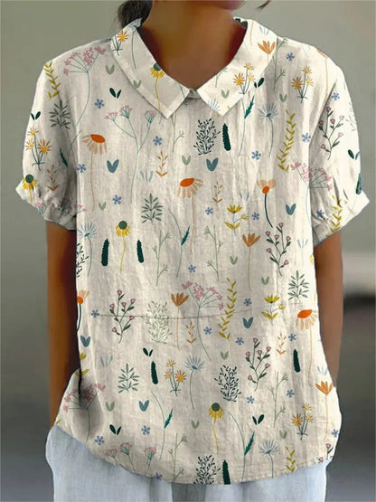 Women's Floral Pattern Short-Sleeve Blouse | with Collar