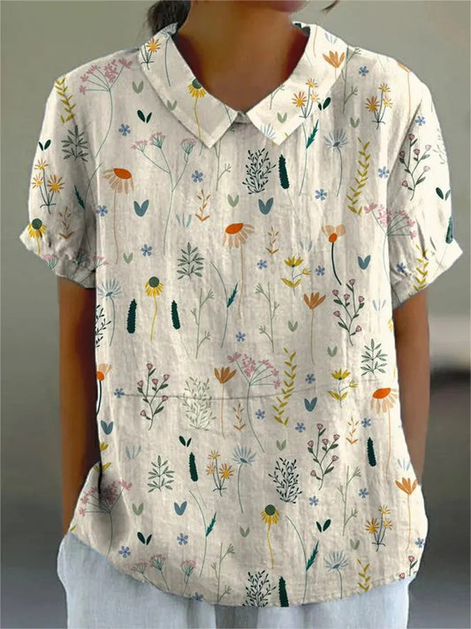 Women's Floral Pattern Short-Sleeve Blouse | with Collar