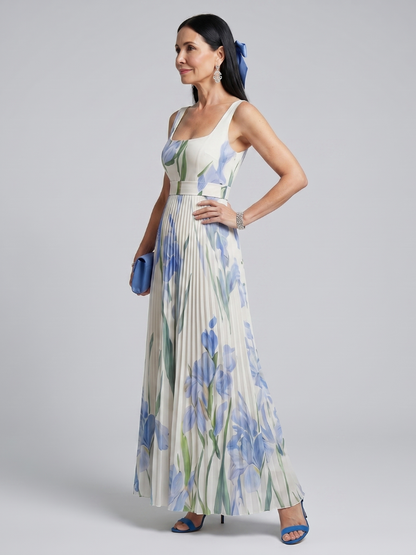 Women's Square Neck Floral Print Pleated Dress | Maxi