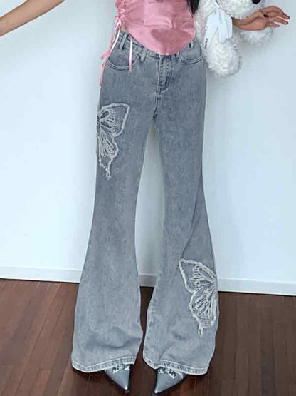 Flare Jeans with Butterfly Embroidery