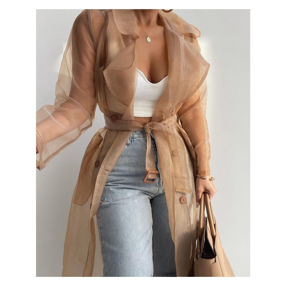 Sheer Long Sleeve Trench Coat with Belt for Women - Diana