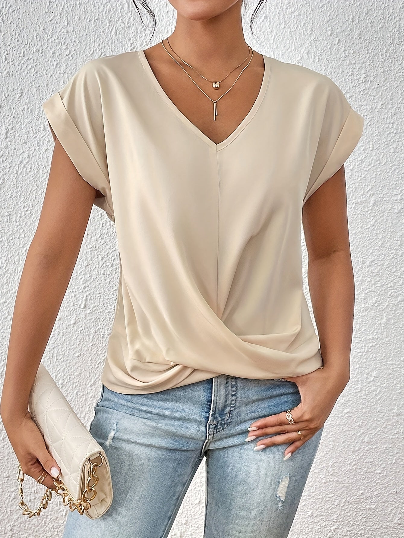 Women's Solid Color V-Neck T-Shirt | Short Sleeve