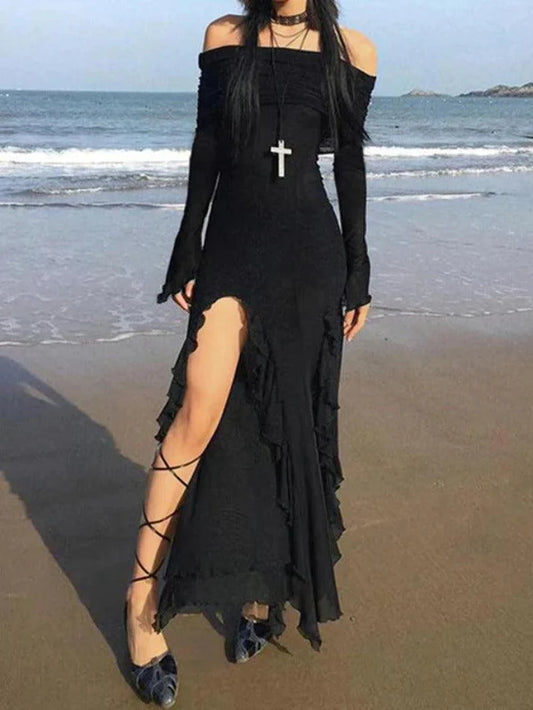 Zwarte punk off-shoulder ruches maxi-jurk met hoge split