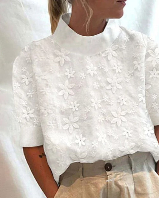 Women's Floral Pattern Short Sleeve Top | with Stand Collar