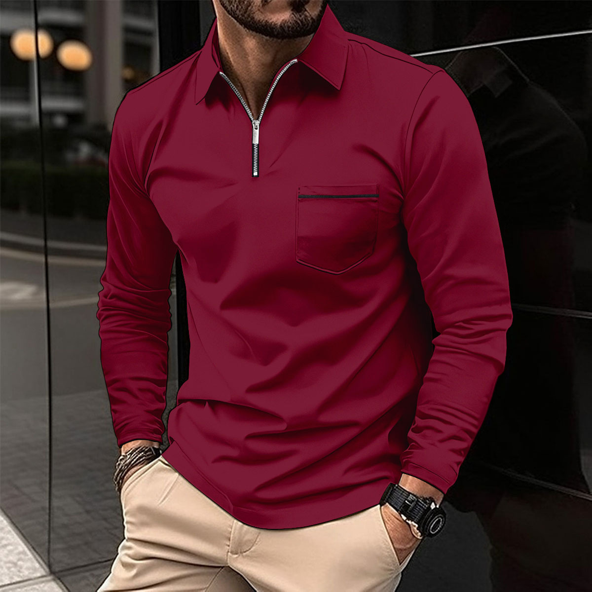 Men’s Long Sleeve Quarter-Zip Polo Shirt | with Chest Pocket