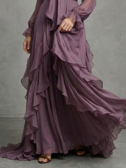 Women's Purple Mock Neck Ruffle Maxi Dress | with Tie-Neck