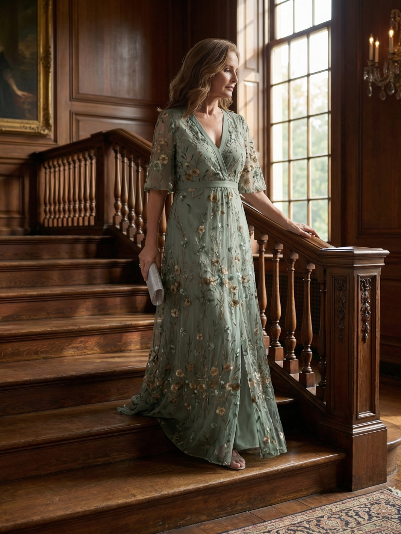 Women's Sage Green Floral Maxi Dress | with Flutter Sleeves