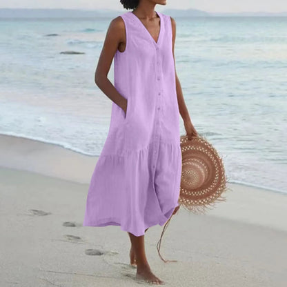Women's Sleeveless V-Neck Beach Dress | Midi