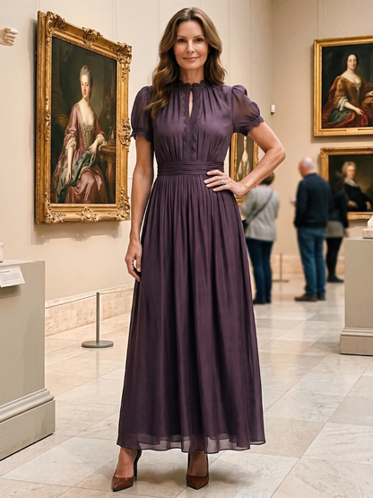 Women's Pleated Maxi Gown | with Puff Sleeves