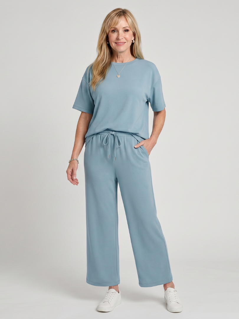 Women's 2-Piece Lounge Set | Short Sleeve Top and Wide Leg Pants