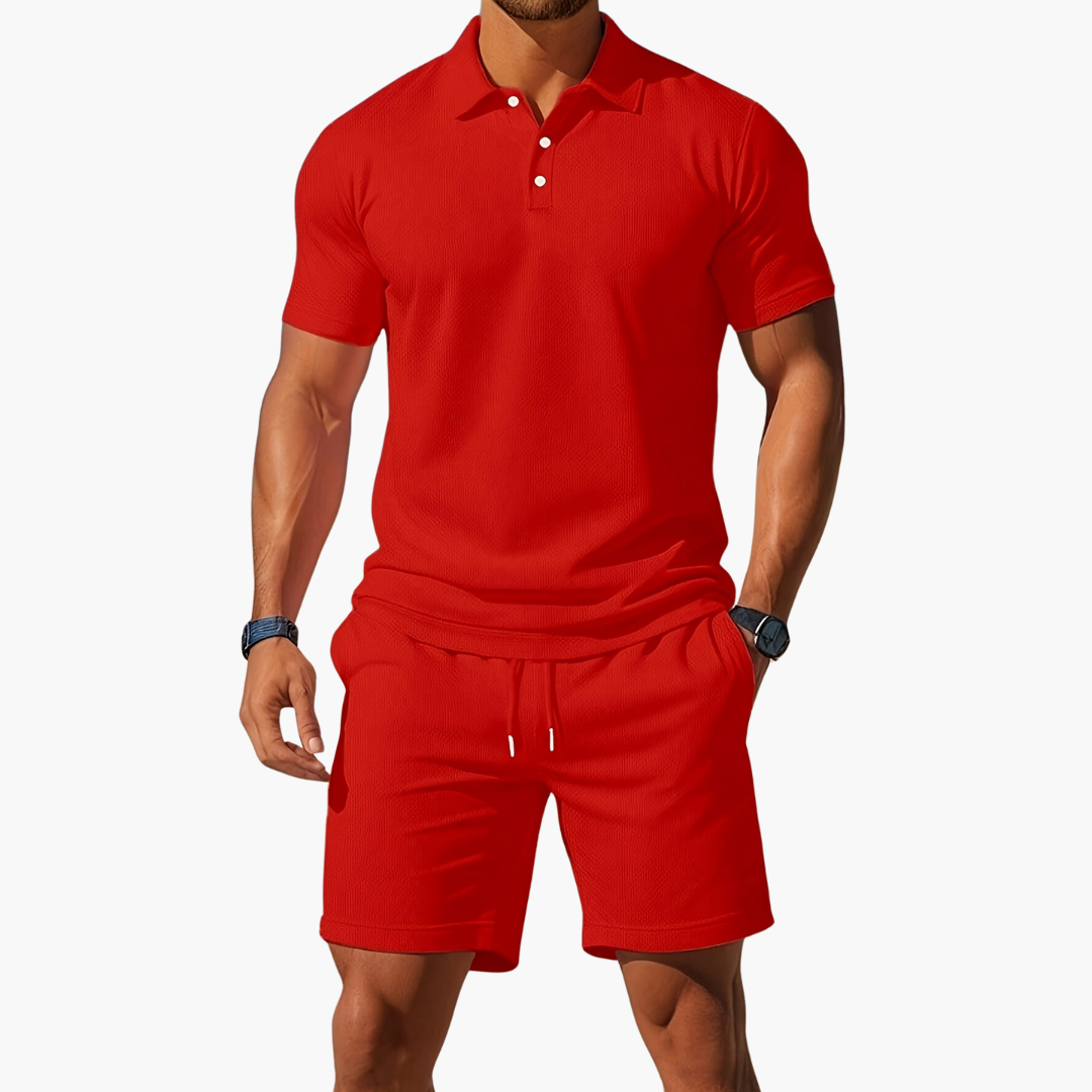 Men's Short-Sleeve Polo Shirt and Shorts with Drawstring | Two-Piece Set