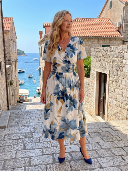 Women's Floral V-Neck A-Line Midi Dress | with Short Sleeves
