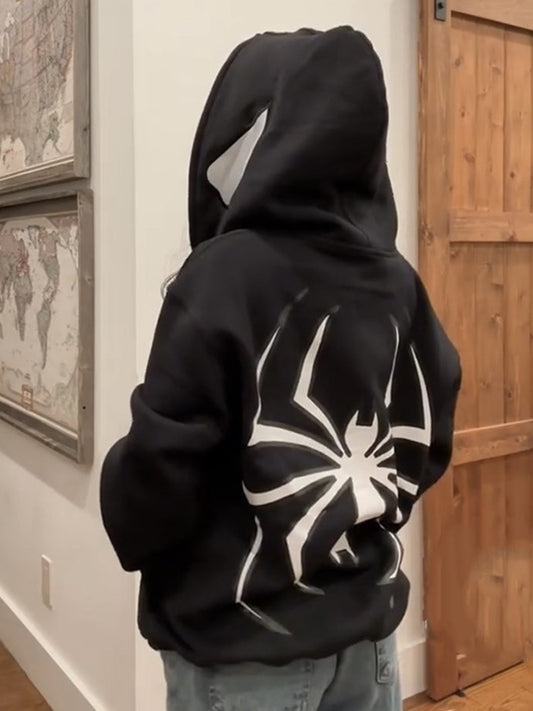 Punk hoodie met rits en spinnenprint