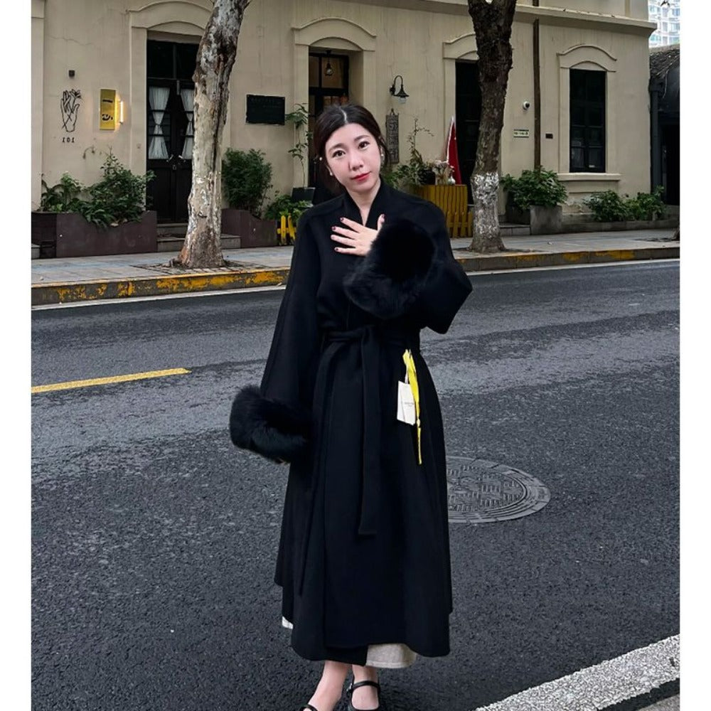 Lange overjas met imitatiebontmanchetten voor dames - Fortunata