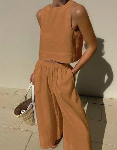 Women's Two-Piece Casual Matching Set | Cropped Top and Wide-Leg Trousers
