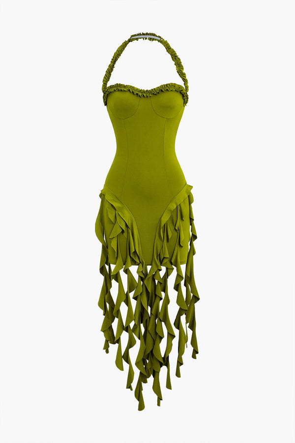 Ruffle halter solid cross front backless self tie mini dress