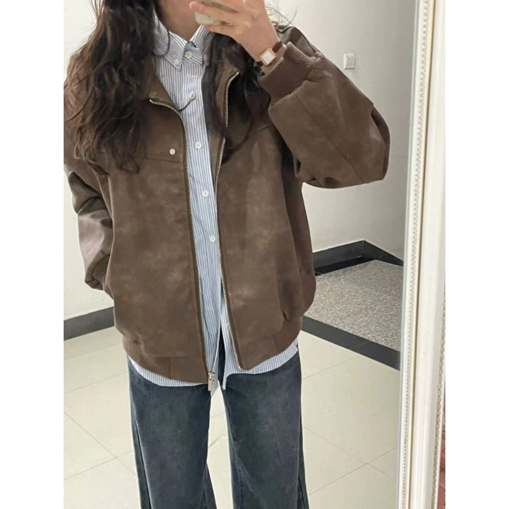 Brown Faux Leather Bomber Jacket with Zipper for Women - Elisa