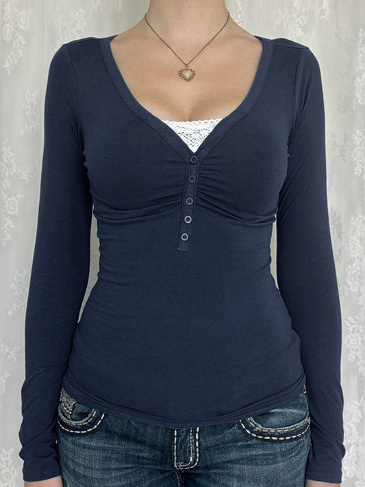 Navy Blue Vintage Lace Splice Ruched Breasted Long Sleeve Tee
