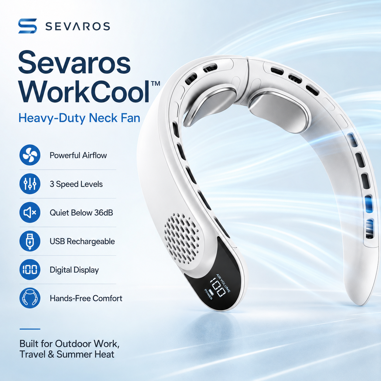 Rechargeable Wearable Neck Fan with Digital Display for Cooling