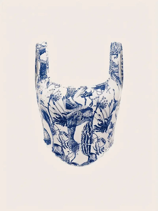 Débardeur sans manches bleu à imprimé végétal