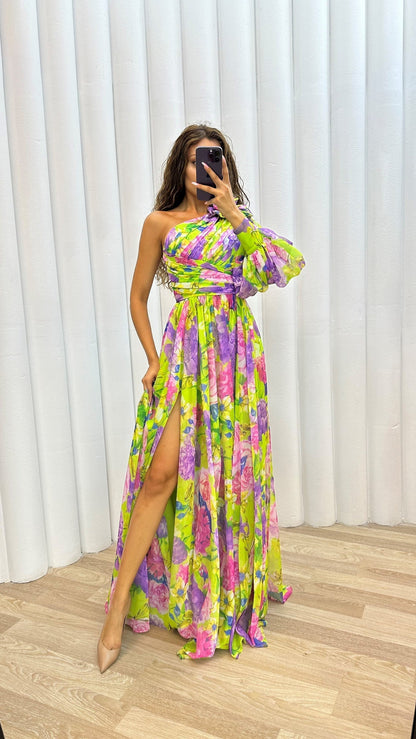 Women's One-Shoulder High Slit Floral Summer Dress | Maxi