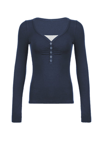 Navy Blue Vintage Lace Splice Ruched Breasted Long Sleeve Tee