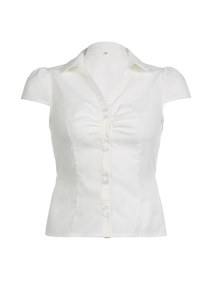 White Vintage Plain Ruched Short Sleeve Shirt with V Neck