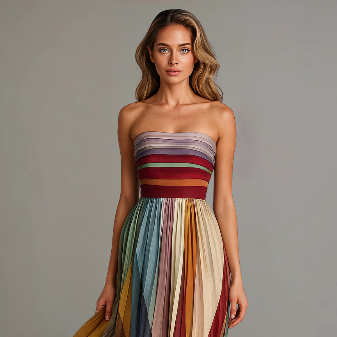 Women's Strapless Multicolor Pleated Dress | Maxi