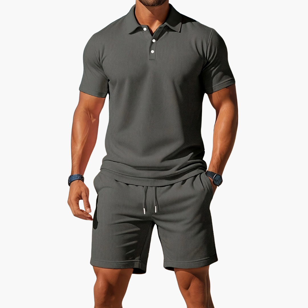 Men's Short-Sleeve Polo Shirt and Shorts with Drawstring | Two-Piece Set