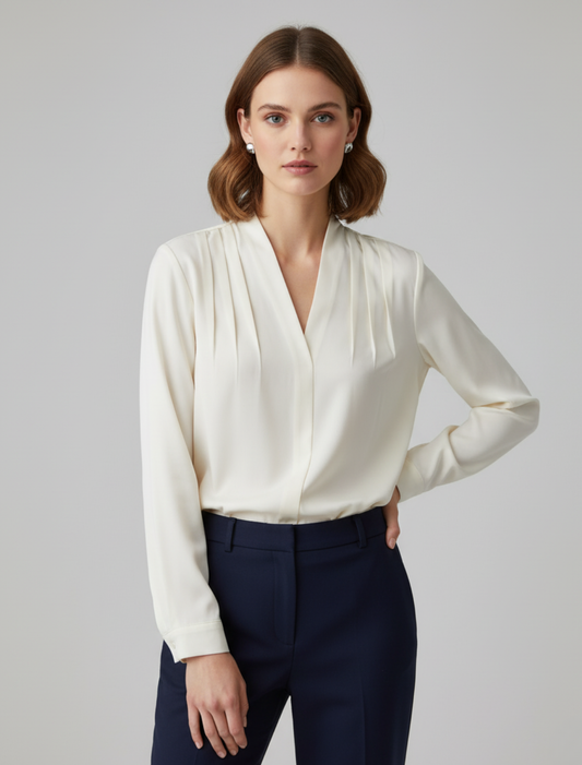 Women's Pleated V-Neck Blouse | Long Sleeve