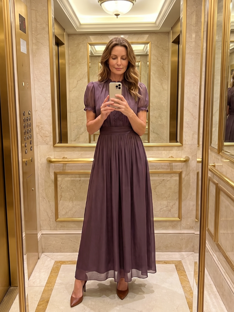 Women's Pleated Maxi Gown | with Puff Sleeves