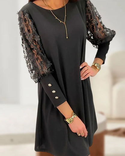 Women's Round Neck Mini Dress | with Floral Sleeves