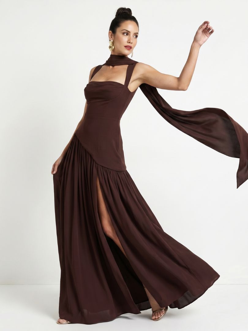 Women's Formal Evening Maxi Gown | with Matching Neck Scarf and High Slit