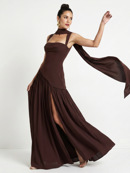 Women's Formal Evening Maxi Gown | with Matching Neck Scarf and High Slit