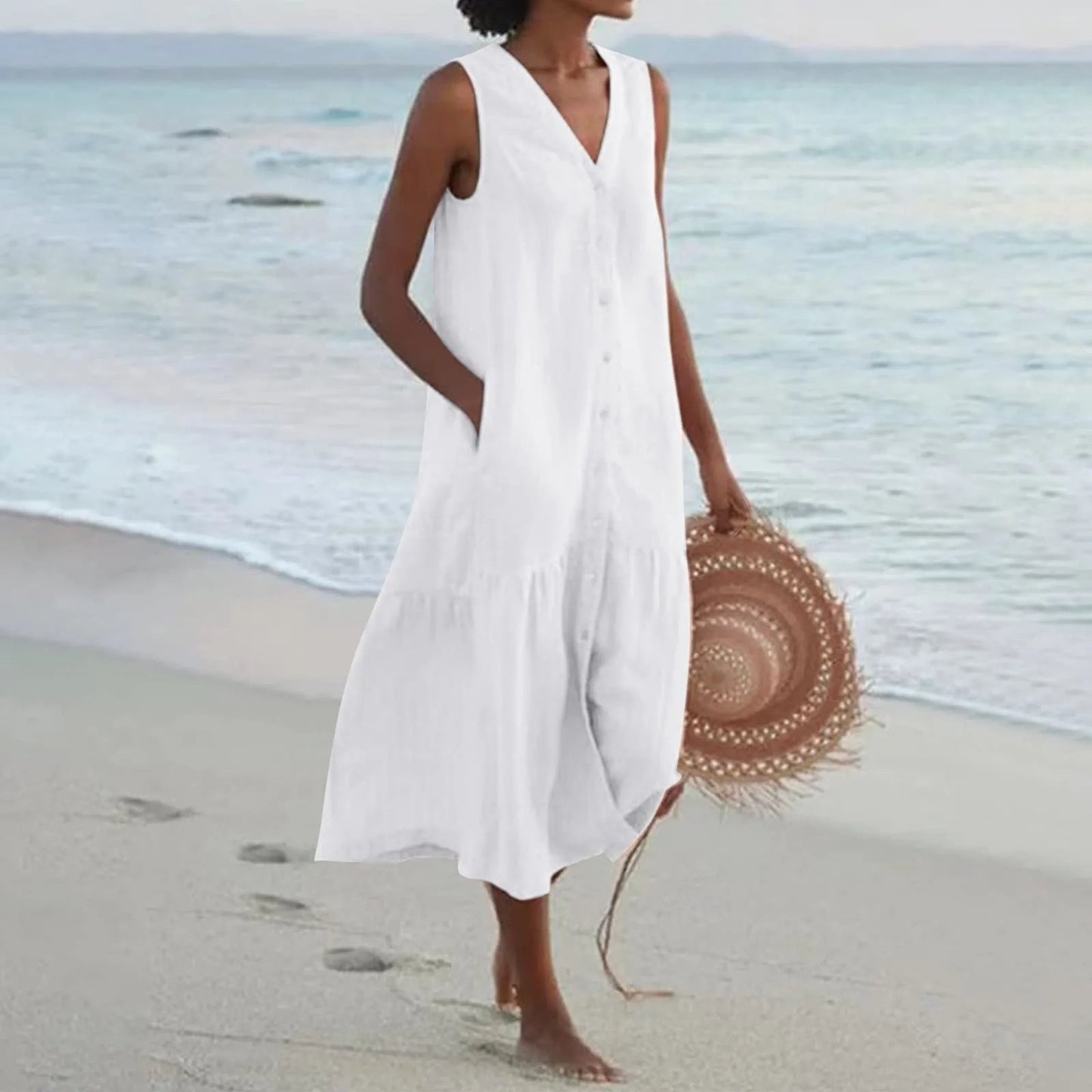 Women's Sleeveless V-Neck Beach Dress | Midi