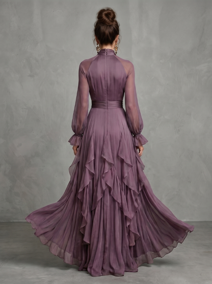 Women's Purple Mock Neck Ruffle Maxi Dress | with Tie-Neck