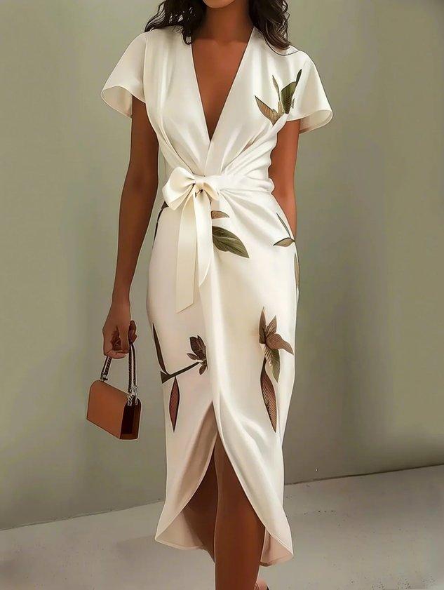 Women's Floral Midi Wrap Dress | with Flutter Sleeves and Tie Waist