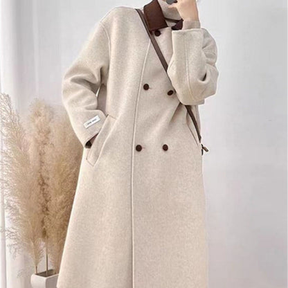 Manteau long en laine mélangée beige à col marron pour femme - Ambra 