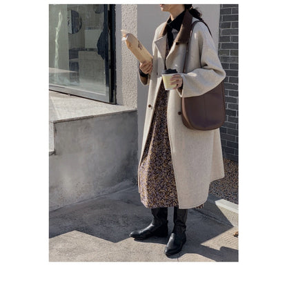 Manteau long en laine mélangée beige à col marron pour femme - Ambra 