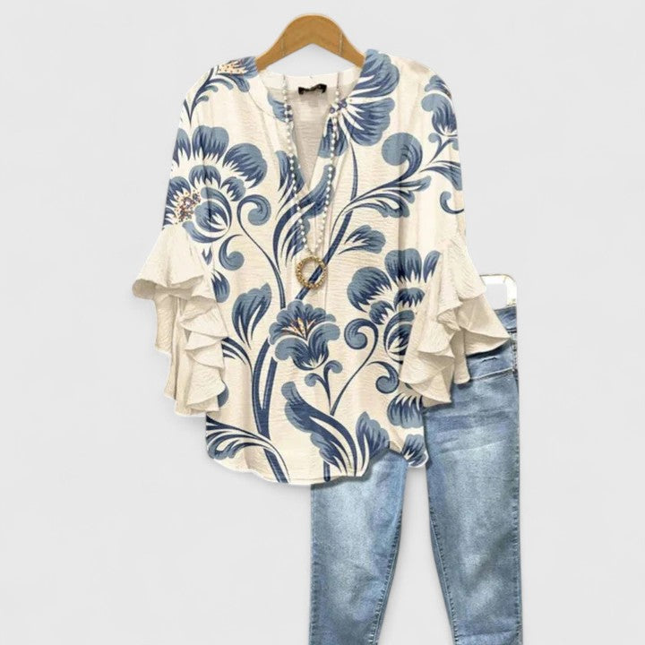 Women's Bohemian V-Neck Printed Blouse | with Ruffled 3/4 Sleeves