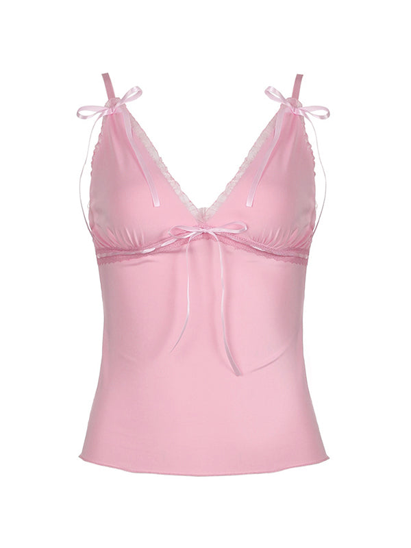 Pink Sweet Lace Stitching Bow Pink Cami Top