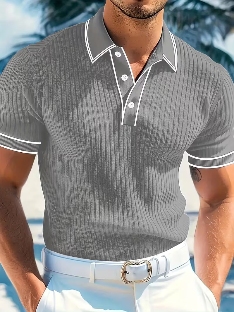 Men's Slim Fit Ribbed Knit Polo Shirt | Short Sleeve