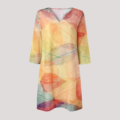 Women's Leaf Pattern V-Neck Summer Dress | Midi