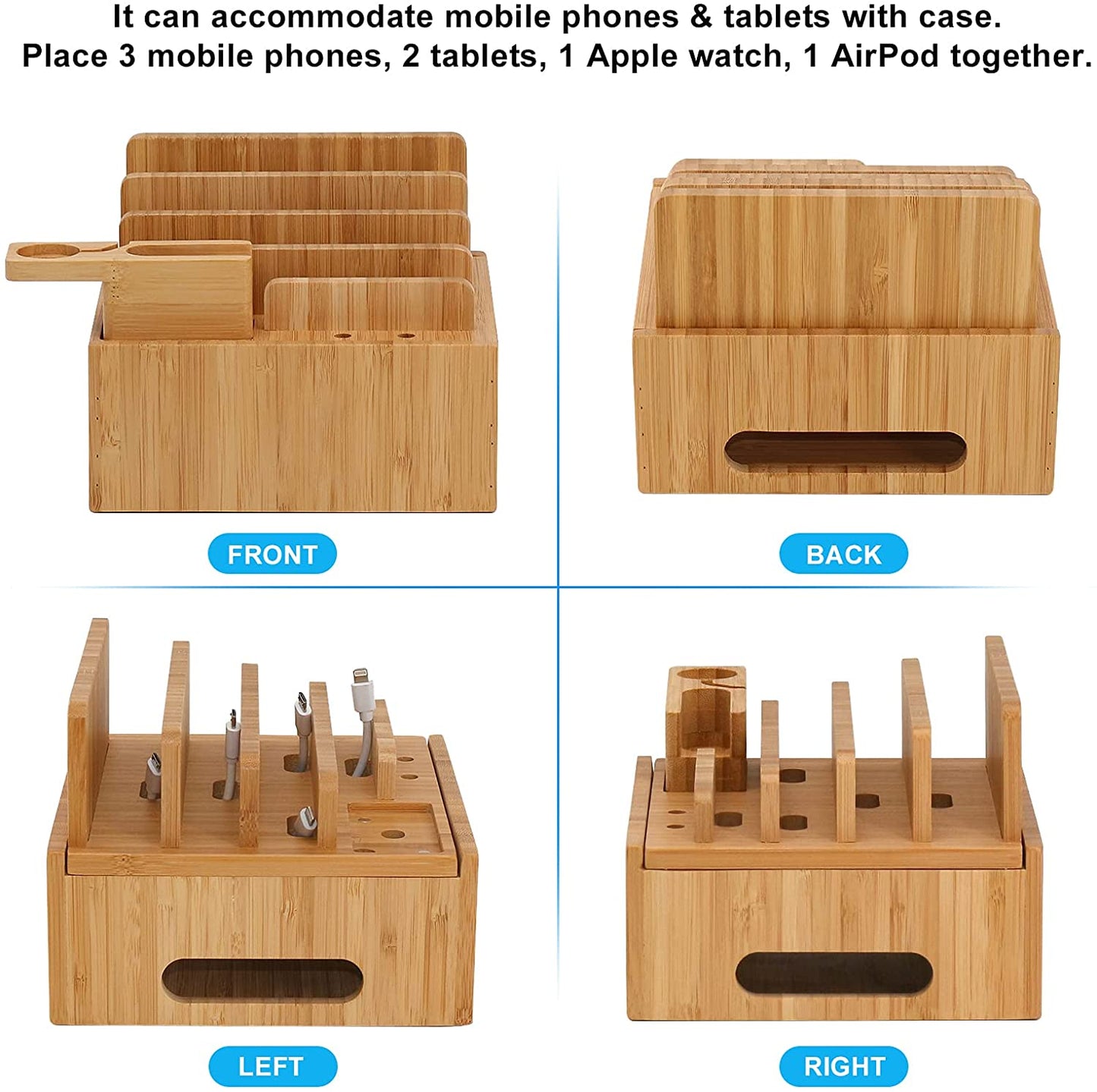 Bamboo Charging Station with 5 USB Ports & Organizer | Compatible with Smartphones, Tablets, and Smartwatches | Includes Cable Set