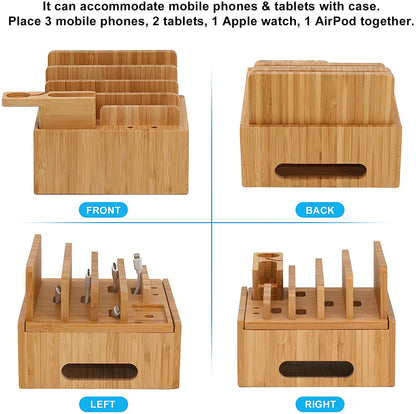 Bamboo Charging Station with 5 USB Ports & Organizer | Compatible with Smartphones, Tablets, and Smartwatches | Includes Cable Set